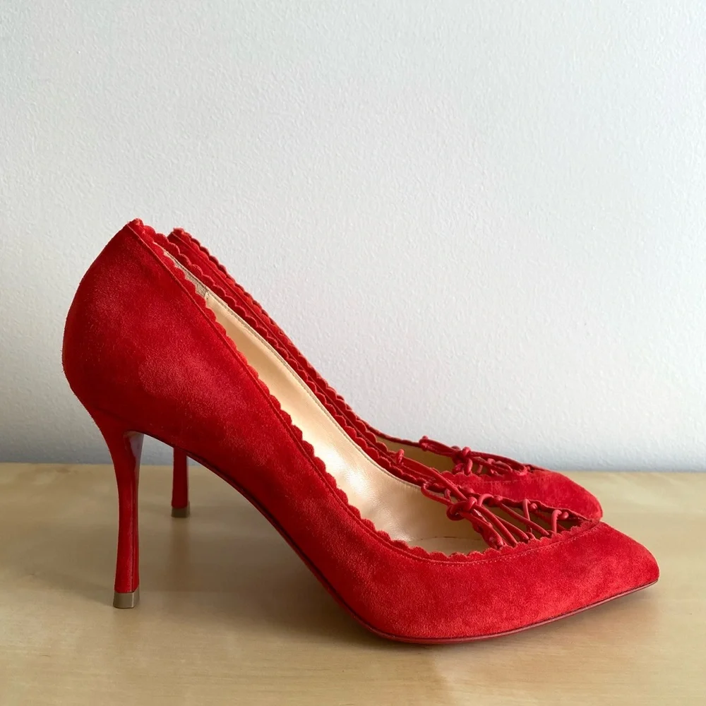 Christian Louboutin Cherry Red Scalopump 85MM Fraise Suede Heels 37.5 - Picture 8 of 12